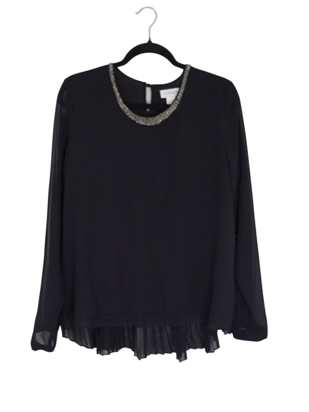 Carmen Marc Valvo Black Beaded Neckline Blouse Pleated Back Hem Womens Large - Picture 1 of 8